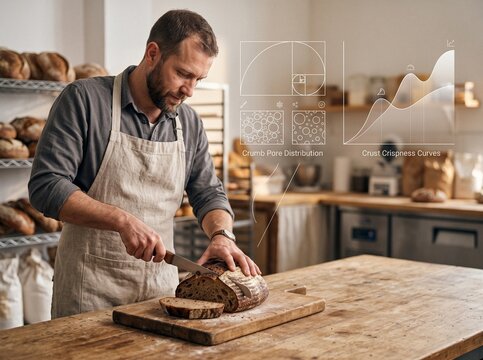 Male baker in apron slicing crusty sourdough bread on a wooden board with overlay infographic graphics illustrating baking science and crumb structure