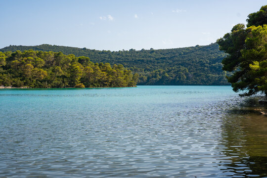 View of Malo Jezero or Small Lake in Mljet National Park on Mljet Island in Croatia. Protected Mediterranean nature and peaceful lake landscape concept.
