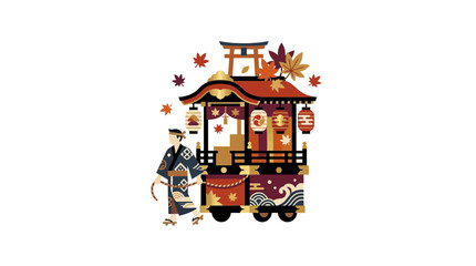 Fototapeta premium Japanese festival float with torii gate and autumn leaves.