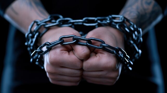 Entangled hands bound by heavy metal chain close up