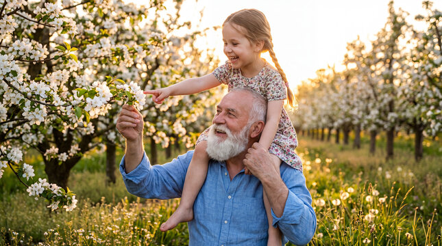 A joyful moment captured between a grandparent and child as they enjoy nature, laughing and appreciating the beauty of blooming flowers in a sunlit orchard.