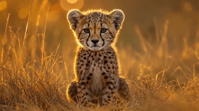 Adorable Cheetah Cub Sitting in Golden Grass at Sunset