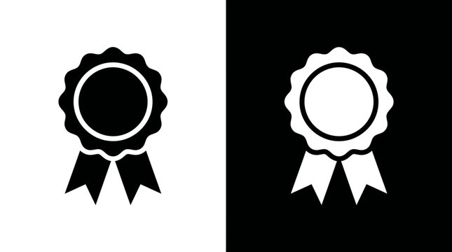 Black and white rosette award icons with ribbons on contrasting backgrounds for recognition and achievement