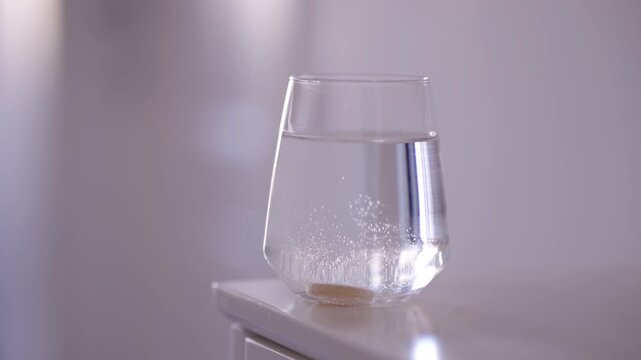 Effervescent Tablet Dissolving In Glass Of Water With Bubbles 