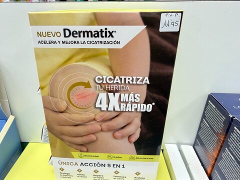 Palma, spain, august 2, 2026, dermatix scar treatment product packaging on display, promoting faster healing for skin wounds and injury recovery