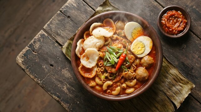A steaming bowl of spicy Indonesian seblak with crackers, egg, and meatballs in a rich red sauce.