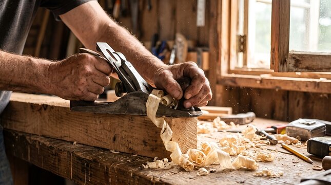 Carpenter uses a manual hand plane tool to smooth a timber wooden beam on a workbench inside a traditional shop.