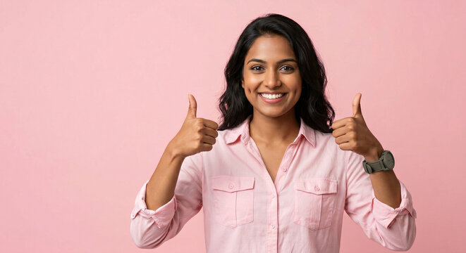Young Indian woman approving with thumbs up gesture in studio.