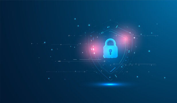 Cyber security padlock protecting digital data privacy with technology network shield isolated on vector background