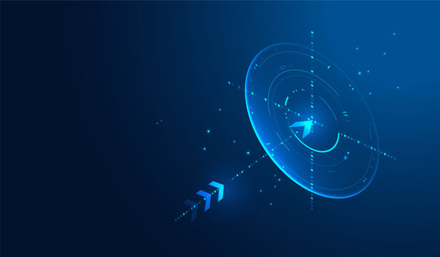 Futuristic blue vector business strategy with arrow hitting target isolated on technology background