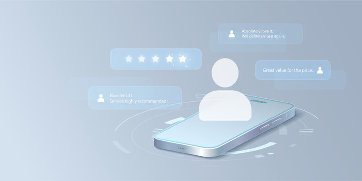 Online customer review and user satisfaction comment feedback service with five star rating on smartphone technology vector background