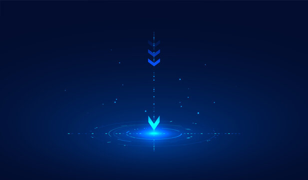 Glowing blue digital arrow pointing to spot target with futuristic strategy technology isolated on vector background