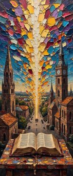 Artistic Perspective of Cityscape with Colorful Floating Paper Fragments and Open Book in Foreground
