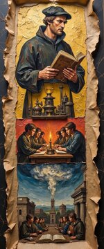 Vintage mural painting depicting scholarly men reading and discussing in historical setting