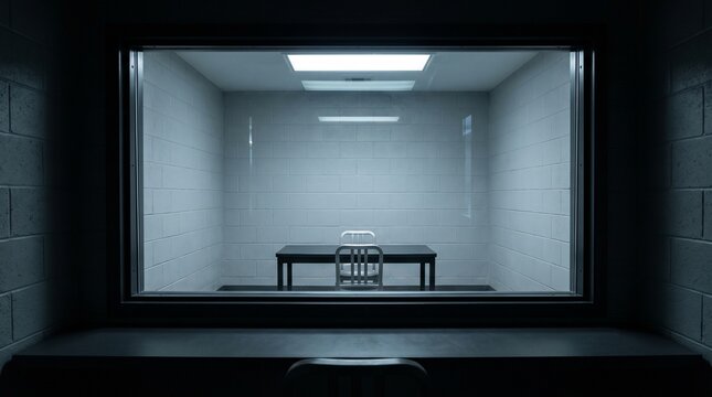 Dark Interrogation Room With Empty Table and Glass Window