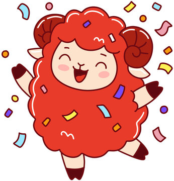 2027 Year of the Red Sheep mascot character emoticon sticker set, cute red ram cartoon illustration for Chinese Lunar New Year