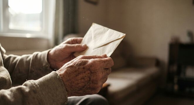 Senior man reading letter with concern in living room