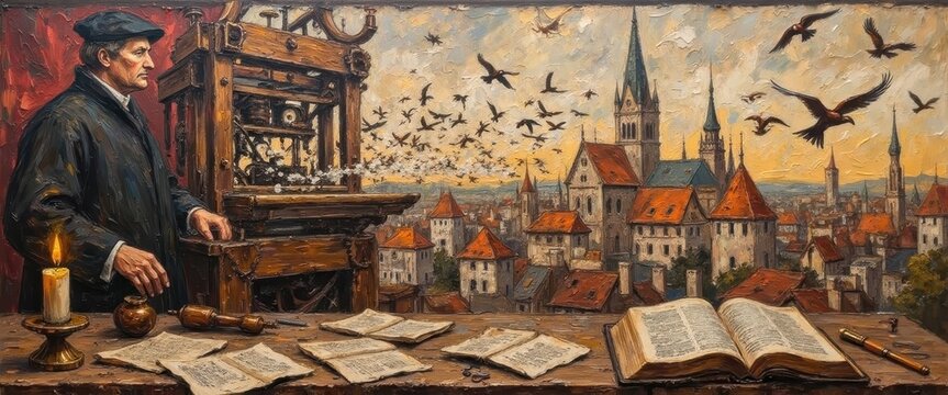 Old European Cityscape with Scholar and Gothic Architecture at Sunset