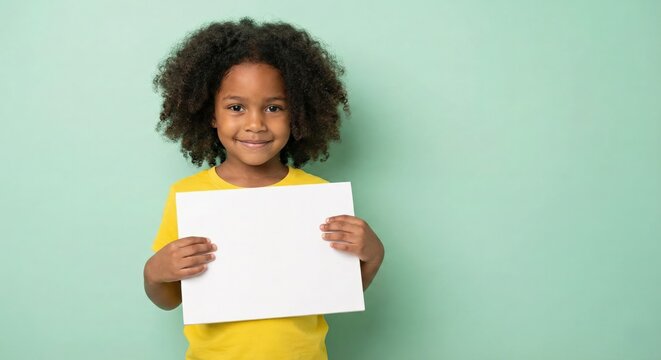 Girl holding blank sign for advertisement on green background