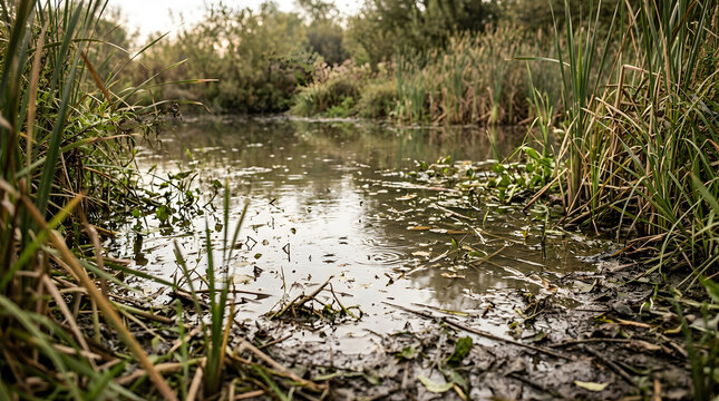 Calm pond water surrounded by tall reeds and lush green vegetation