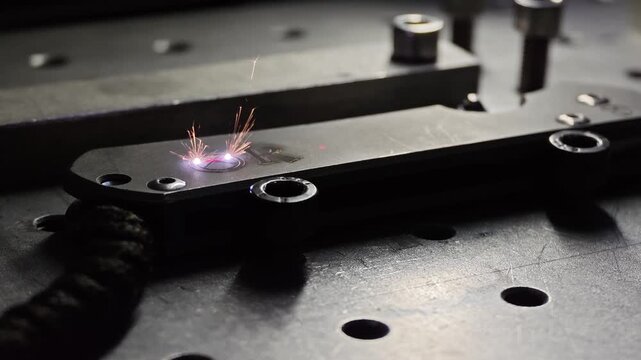 Close Up 4K Laser Engraving on Titanium Pocket Knife Handle, Dramatic Sparks and Precision Metal Marking Process in Dark Workshop, Macro Industrial Manufacturing