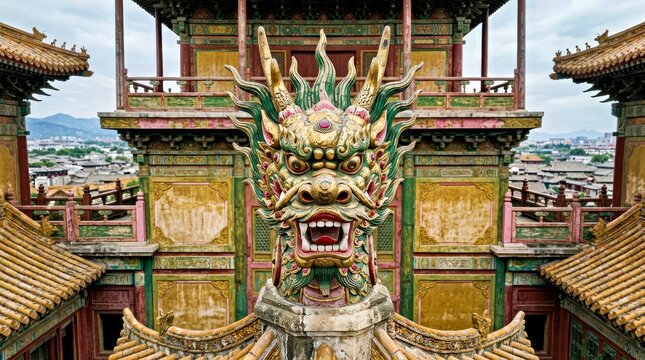 Dragon Head Sculpture on Traditional Chinese Building Rooftop