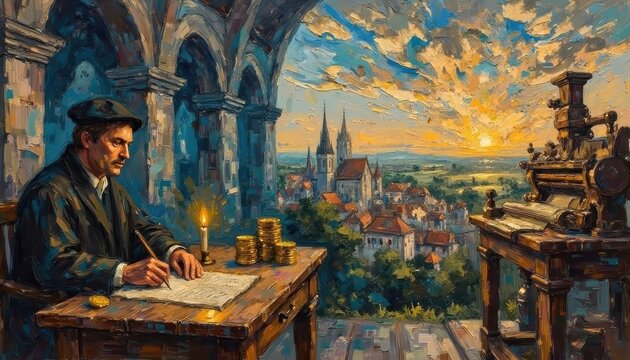Vintage Literature Writer Working at Terrace with Cityscape During Sunset