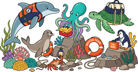 Obraz premium Ocean Rescue Team Illustration with Dolphin, Octopus, Sea Turtle, Seal, Penguin, Lifebuoy, First Aid Kit and Coral Reef