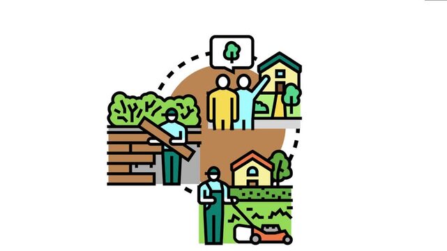 Homeowners are discussing outdoor renovation plans with a professional landscaper, overseeing construction work on a garden wall, and maintaining a lawn using a mower