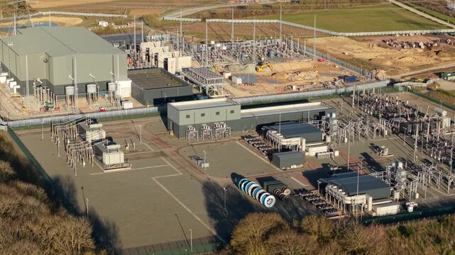 Aerial View of Bramford 400kV Supergrid Electrical Substation and GIS Infrastructure in Suffolk