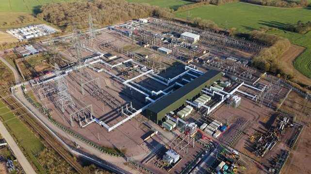 Drone Footage of Bramford Open Air Switchgear and Transformers for National Grid Power Distribution