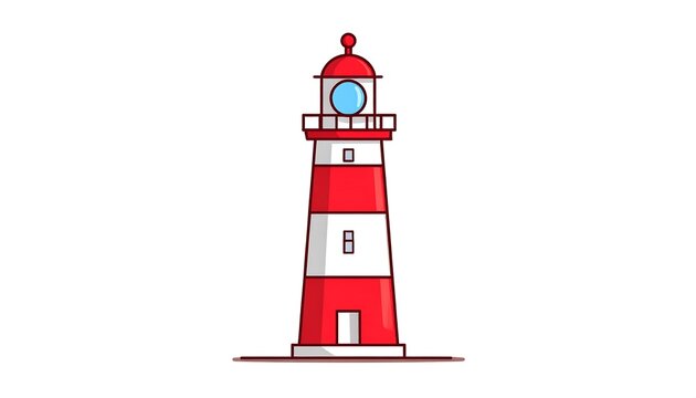 Red lighthouse with sailor on top platform.
