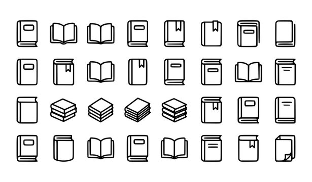 Simple Book Symbol Outline Icons Set with Open Closed and Stacked Books