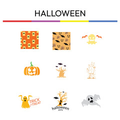 Fototapeta premium Halloween Graphic Elements Set with Zombie Hand, Ghost Patterns, Spooky Trees, Pumpkin, and Flying Bats