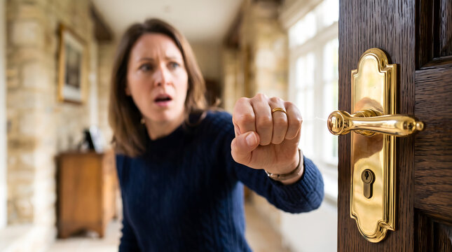 A woman was startled by static electricity when she touched the doorknob.