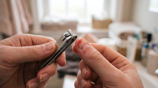 Persons hands with a nail clipper and a bleeding finger.