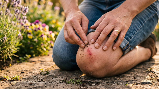 Closeup of a persons hands and knees while gardening tending to plants.