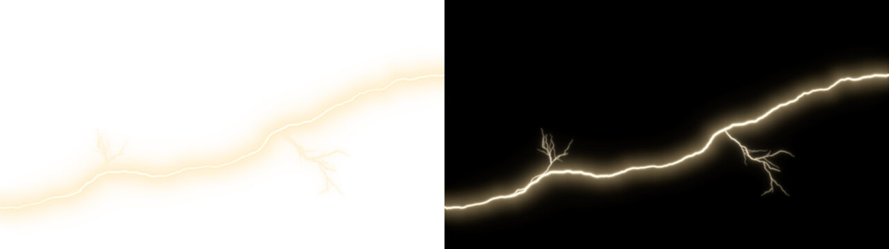 Realistic lightning bolt effect, gold amber thunder strike with branching electric discharge on transparent background