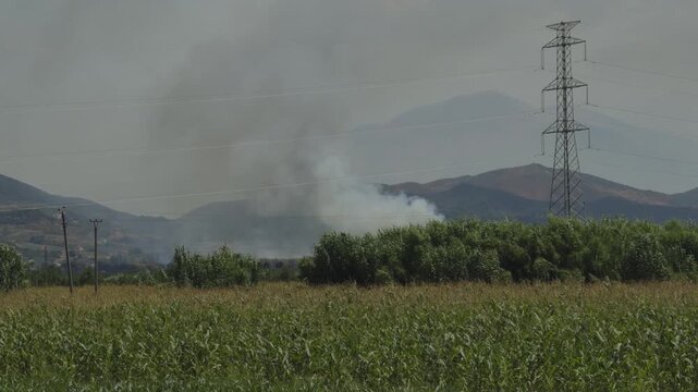 Heavy Smoke From Wildfire Rising Near High Voltage Transmission Tower In Mountain Area