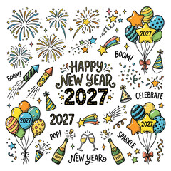Obraz premium Festive New Year 2027 Celebration with Fireworks Balloons and Party Symbols.