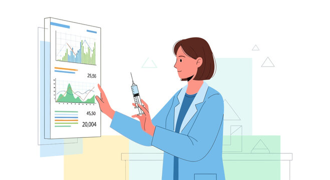 Scientist Analyzing Data with Syringe, Medical Research Concept