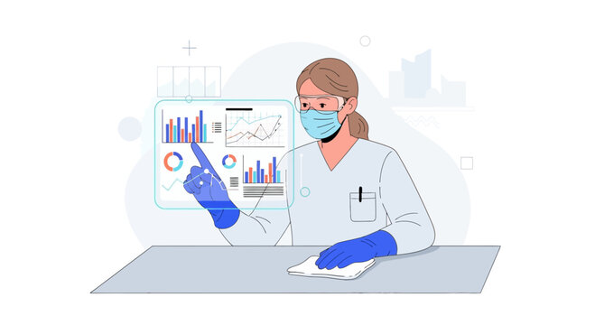 Scientist analyzing data on futuristic screen with charts and graphs