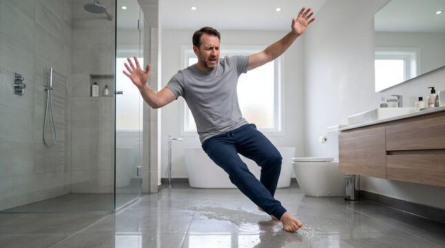 Man losing balance and falling on a slippery bathroom floor.