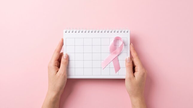 Breast Cancer Awareness Pink Ribbon On Calendar Held By Hands For Women's Health Prevention And Screening Campaign