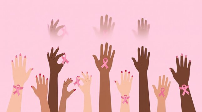 Diverse Raised Hands With Pink Ribbons For Breast Cancer Awareness And Solidarity Vector Illustration