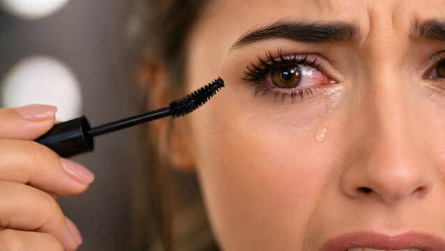 Young woman with tearful eyes holding a mascara wand with a distressed facial expression.