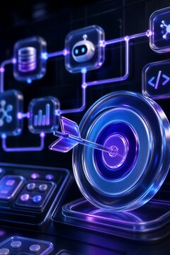 AI agentic workflow automation with futuristic software interface, nodes, and data flow, featuring a 3D glass target icon for strategic business objectives.