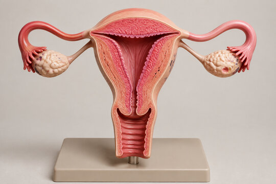 Anatomical model of uterus cross-section showing endometrium, female reproductive system and education concept