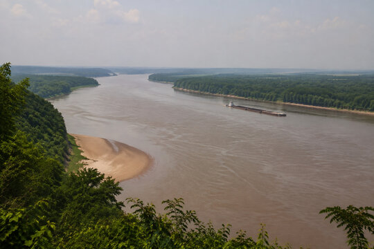 View from high bluff of wide brown river bending through low green forest, sandbar, tugboat and barge downstream, Mississippi River landscape