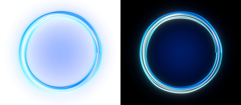 Neon circle light effect, glowing round frame with blue cyan gradient, futuristic magic portal ring on transparent background